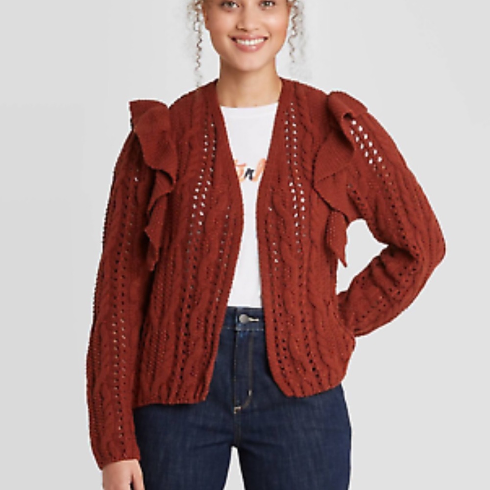 Universal Thread Rust Red Open Front Knit Ruffle Trim Cable Cardigan Size XS - Picture 2 of 9